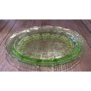 Antique Jeannette Cherry Blossom Green 11" Oval Serving Platter Tray Dish Plate